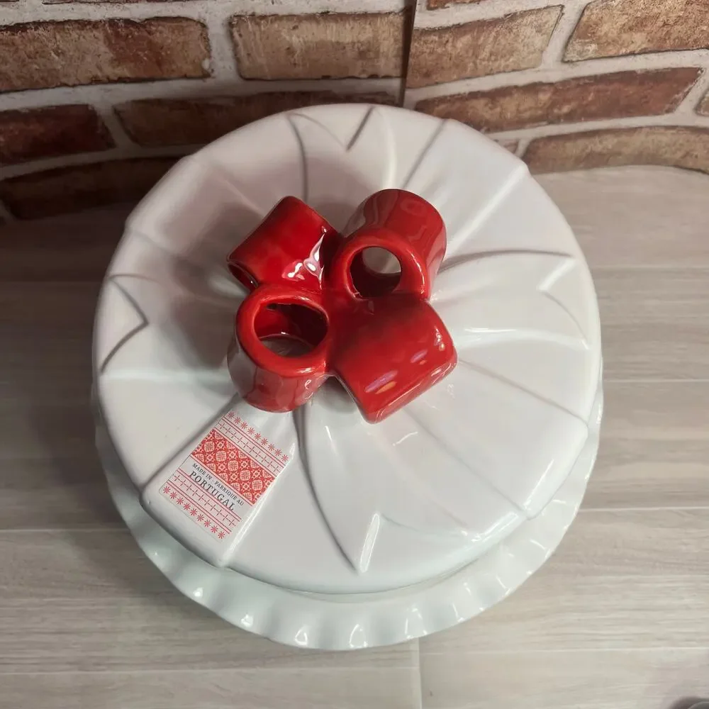 VTG NOS Made In Portugal Destinos Ceramic Ribbons And Bows Pedestal Cake Plate